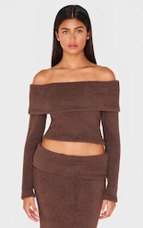 Chocolate Textured Soft Rib Fold Over Bardot Long Sleeve Long Top