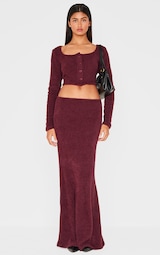 Burgundy Textured Soft Rib Mid Rise Maxi Skirt