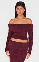 Burgundy Textured Soft Rib Fold Over Bardot Long Sleeve Long Top