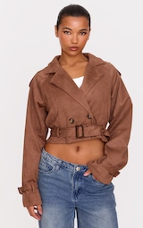 Brown Cropped Faux Suede Belted Trench Coat