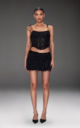 Black Tinsel Lace Puff Hem Skirt