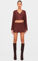 Chocolate Brushed Woven Tailored Tie Pleated Micro Mini Skirt