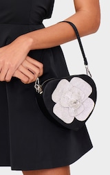 Black Satin Heart Shape Diamante Flower Handbag