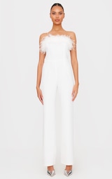 White Faux Fur Bandeau Straight Leg Jumpsuit