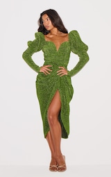 Green Glitter Plisse Puff Sleeve V Bar Draped Midi Dress