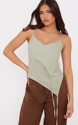 Sage Green Linen Asymmetric Strappy Detail Cami Top