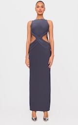 Charcoal Double Layer Slinky Twist Front Maxi Dress