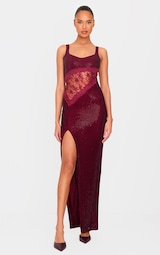 Burgundy Premium Diamante Lace Detail Corset Maxi Dress