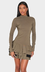 Khaki Stretch Woven Extreme Pleated Long Sleeve Shift Dress