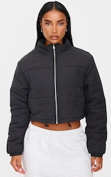 Black Super Cropped Peach Skin Puffer