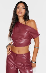 Burgundy Faux Leather Ruched One Shoulder Asymmetric Crop Top