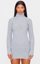  Grey Knitted Roll Neck Jumper Dress