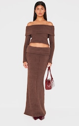 Chocolate Textured Soft Rib Fold Over Mid Rise Maxi Skirt