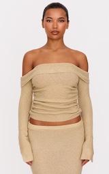 Deep Taupe Bobble Knit Ruched Side Asymmetric Fold Over Top