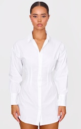 White Fitted Waist Long Sleeve Button Shirt Dress