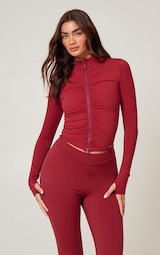 Burgundy Brushed Sculpt Ruched Front Zip Up Sport Jacket