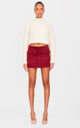 Burgundy Faux Suede Pocket Front Mini Skirt