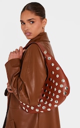 Chocolate Curved Studded Shoulder Bag