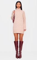 Mocha Marl Knit Roll Neck Jumper Dress