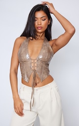 Stone Washed Faux Leather Lace Up Plunge Halter Neck Top