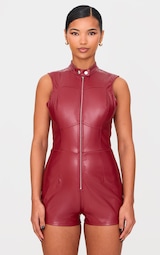 Burgundy Faux Leather Zip Up Sleeveless Playsuit