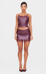 Burgundy Matte Faux Leather Lace Trim Mini Skirt