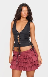 Black Woven Lace Up Detail Plunge Sleeveless Top