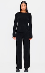 Tall Black Soft Textured Knit Drawstring Wide Leg Trousers