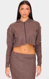 Chocolate Brushed Rib Zip Front Cropped Hoodie