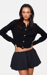 Black Soft Textured Knit Button Up Collar Detail Cardigan