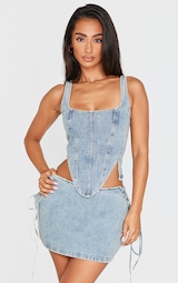 Petite Vintage Wash Denim Lace Up Corset Top