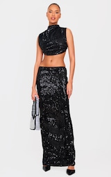 Black Sequin Mid Rise Maxi Skirt