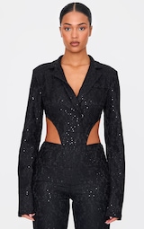 Tall Black Sequin Lace Bodysuit Blazer Jacket