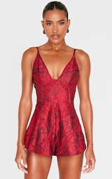 Burgundy Satin Jacquard Corset Detail Floaty Playsuit