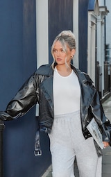 Black Faux Leather Belted Relaxed Fit Biker Jacket