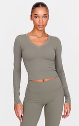 Olive Sculpt V Neck Long Sleeve Longline Top