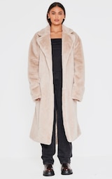 Taupe Faux Fur Self Tie Oversized Coat