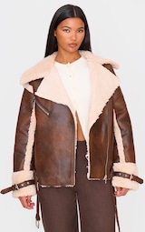 Brown Borg Trim Belted Hem Faux Leather Aviator Jacket