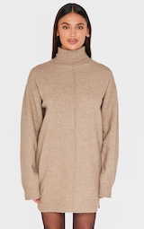 Light Mocha Soft Knit Roll Neck Oversized Seam Detail Jumper Dress