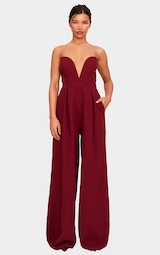 PLT Label Burgundy Plunge Wide Leg Jumpsuit