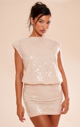 Nude Sequin Shoulder Pad Sleeveless Bodycon Dress