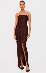 Chocolate Mesh Floral Detail Bandeau Maxi Dress