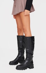 Black Pu Round Toe Chunky Sole Knee High Boots