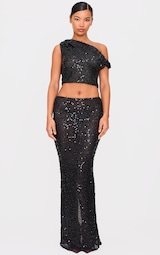 Black Sequin Textured Mid Rise Maxi Skirt