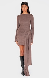 Chocolate Heavy Brushed Rib Boat Neck Wrap Tie Bodycon Dress