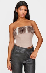 Brown Faux Fur Trim Wool Look Bandeau Corset