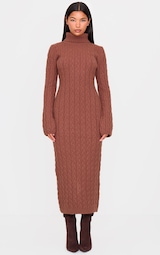 Cappuccino Chunky Cable Knit Roll Neck Maxi Jumper Dress