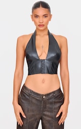 Black Faux Leather Hook & Eye Plunge Crop Top