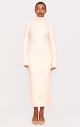 Oatmeal Chunky Cable Knit Roll Neck Maxi Jumper Dress