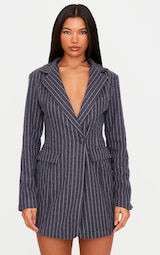 Navy Brushed Woven Pinstripe Cinched Waist Blazer Dress